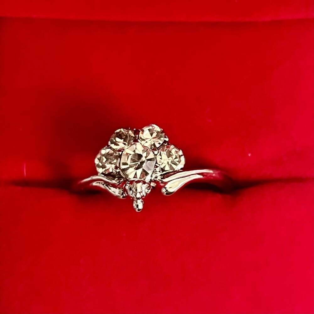 Vintage Diamond Cluster Flower Ring  Sterling Silver Size 9